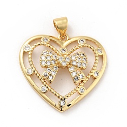 Rack Plating Brass Micro Pave Clear Cubic Zirconia Pendants, Long-Lasting Plated, Lead Free & Cadmium Free, Heart with Bowknot, Real 18K Gold Plated, 23x24.5x5mm, Hole: 3.5x4mm(ZIRC-F129-42G)