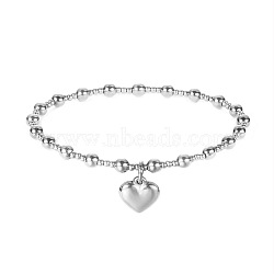 Heart Stainless Steel Bead Stretch Bracelets for Women, Stainless Steel Color, 6-3/4 inch(17cm)(BK4373-1)