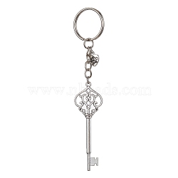 Iron Split Keychains, with Alloy Pendants, Key & Heart, Antique Silver, 12.4cm(KEYC-JKC00608-03)
