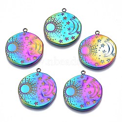 Ion Plating(IP) ainbow Color 304 Stainless Steel Pendants, Cadmium Free & Nickel Free & Lead Free, Flat Round with Sun & Moon & Star, Rainbow Color, 22.5x20x2mm, Hole: 1.4mm(STAS-S119-098)