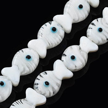Handmade Lampwork Beads Strands, Fish, White, 19~20x12.5x9mm, Hole: 0.8mm, about 25pcs/strand, 18.90 inch(48cm)