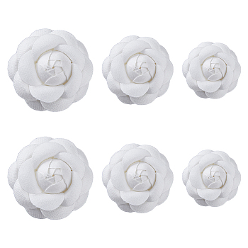 6Pcs 3 Size Camellia Shaped Velet Lapel Pins, Alloy Exquisite Brooches for Women, White, 48~63.5x50~62x25~27mm, Pin: 0.5mm, 2Pcs/size