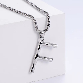 3Pcs Stainless Steel Textured Letter Pendant Box Chain Necklaces, Stainless Steel Color, Letter F