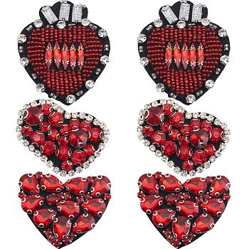 6Pcs 3 Style Heart Shape Alloy Rhinestone Embroidery Thread Sew Cloth, with Beads, Cloth Accessories, Appliques, Red, 42~61x49~51x7~10mm