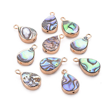 Electroplated Natural Abalone Shell/Paua Pendants, with Golden Iron Findings and Half Drilled, Teardrop, 18x10.5x3.5mm, Hole: 1.8mm, Half Drilled: 1mm