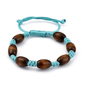 Adjustable Korean Waxed Polyester Cord Kid Braided Beads Bracelets, with Spray Painted Natural Maple Wood Barrel Beads, Cyan, Inner Diameter: 1-5/8~3-1/8 inch(4.1~8cm)