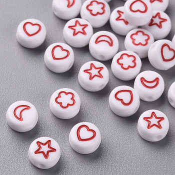 White Opaque Acrylic Beads, Flat Round with Heart & Flower & Moon & Star, FireBrick, 7x4mm, Hole: 1.6mm