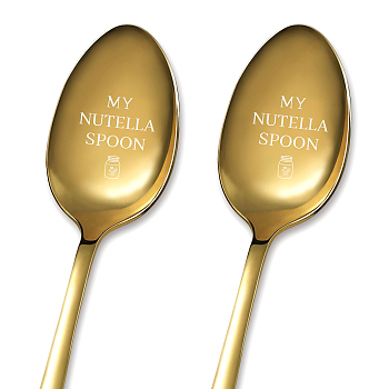 Stainless Steel Spoons Set, with Packing Box, Word MY NUTELLA SPOON, Golden Color, Bottle Pattern, 182x43mm, 2pcs/set