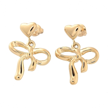 304 Stainless Steel Dangle Stud Earrings, Bowknot with Heart, Real 14K Gold Plated, 26.5x19mm