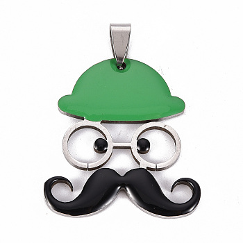 201 Stainless Steel Enamel Pendants, Human with Mustache and Hat, Green, 35x31.5x2mm, Hole: 8x4mm