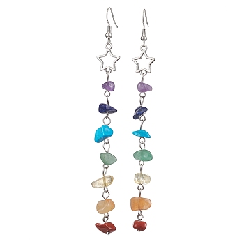 Chakra Theme Natural & Synthetic Gemstone Chip Dangle Earrings, Hollow Alloy Earrings for Women, Star, 110x12mm