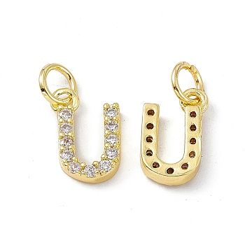 Real 18K Gold Plated Brass Micro Pave Clear Cubic Zirconia Charms, with Jump Ring, Letter.U, 12x7x2.5mm, Hole: 3.4mm