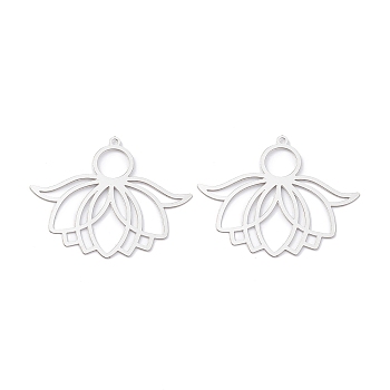 Non-Tarnish 201 Stainless Steel Pendants, Etched Metal Embellishments, Lotus Charm, Stainless Steel Color, 30.5x38x0.2mm, Hole: 1.4mm