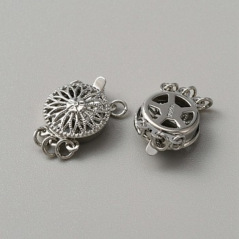 Brass Box Clasps, Multi-Strand Clasps, 3-Strand, 6 Holes, Flat Round with Sunflower Pattern, Platinum, 16x12x5mm, Hole: 2.3mm