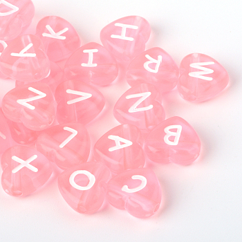 Transparent Acrylic Heart Horizontal Hole Letter Beads, Pink, 10.5x11.5x4.5mm, Hole: 2mm, about 1300pcs/500g