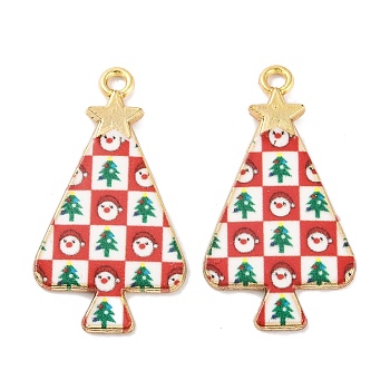 Christmas Theme Rack Plating Alloy Pendants, with Enamel, Golden, Christmas Trees Charm, Tomato, 31x17x1.5mm, Hole: 1.8mm