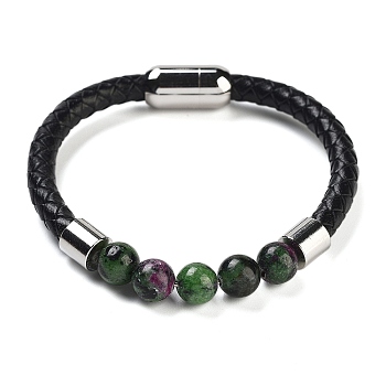 Natural Ruby in Zoisite Round Bead Braided Leather Cord Bracelets for Men Women, with Ion Plating(IP) 304 Stainless Steel Magnetic Clasps, 8-1/4 inch(21cm)