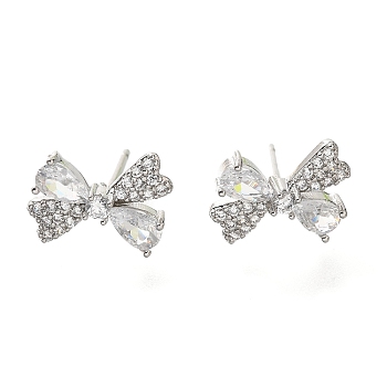 Brass Cubic Zirconia Stud Earrings, Cadmium Free & Lead Free, Butterfly, Platinum, 8.5x11.5mm