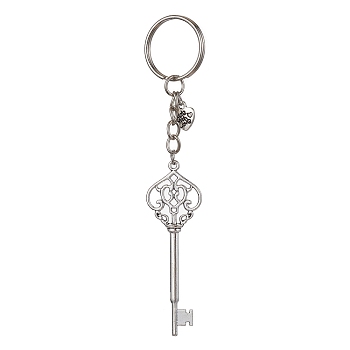 Iron Split Keychains, with Alloy Pendants, Key & Heart, Antique Silver, 12.4cm