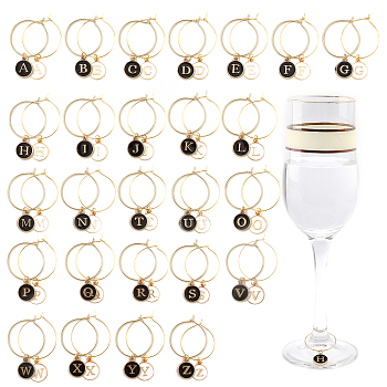 Flat Round with Letter Alloy Enamel Wine Glass Charms, with Brass Rings, Letter A~Z, 41mm, 52pcs/set