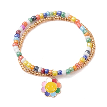 Glass Seed Double Layer Multi-strand Bracelets, Stretch Bracelet with Alloy Enamel Flower Charms, Colorful, Inner Diameter: 2-1/4 inch(5.7cm)
