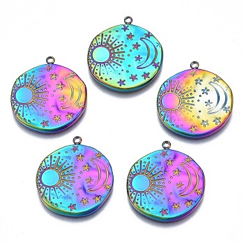 Ion Plating(IP) ainbow Color 304 Stainless Steel Pendants, Cadmium Free & Nickel Free & Lead Free, Flat Round with Sun & Moon & Star, Rainbow Color, 22.5x20x2mm, Hole: 1.4mm