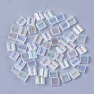 2-Hole Transparent Glass Seed Beads, AB Colours, Rectangle, Clear AB, 5x4.5~5.5x2~2.5mm, Hole: 0.5~0.8mm(SEED-S023-29C-01)