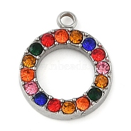 304 Stainless Steel Rhinestone Pendants, Ring, Stainless Steel Color, 16x13x3mm, Hole: 2mm(STAS-S131-04P-02)