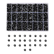 288G 26 Style Black Acrylic Beads, Flat Round with White Letter, Letter A~Z, 7x4mm, Hole: 1.5mm(SACR-X0015-17)