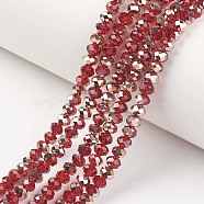 Electroplate Transparent Glass Beads Strands, Half Copper Plated, Faceted, Rondelle, Red, 8x6mm, Hole: 1mm, about 63~65pcs/strand, 39~40cm(EGLA-A034-T8mm-N12)