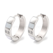 304 Stainless Steel Pave Clear Cubic Zirconia Huggie Hoop Earrings, with Natural Shell & 316 Stainless Steel Pins, Stainless Steel Color, 5x19.5~20mm(EJEW-C096-22P)