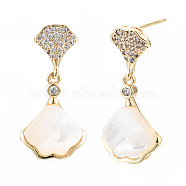 Brass Micro Pave Clear Cubic Zirconia Dangle Stud Earring, with Shell, Fan, Nickel Free, Real 18K Gold Plated, 26x13mm, Pin: 0.8mm(KK-S356-353-NF)