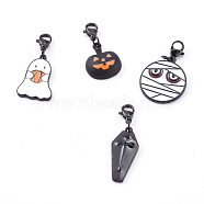 Halloween Theme Alloy Enamel Pendants Set, with 304 Stainless Steel Lobster Claw Clasps, Ghost & Pumpkin & Mummy & Coffin with Cross, Mixed Color, 29~38mm, 4pcs/Set(HJEW-JM00437)