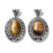 Natural Tiger Eye Pendants, Antique Silver Tone Alloy Enamel Oval Charms, 45x32x12.5mm, Hole: 6.3x5mm(FIND-A041-01AS-03)
