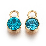 Glass Rhinestone Charms, December Birthstone Charms, with Golden Tone 201 Stainless Steel Findings, Flat Round, Blue Zircon, 10x6x4mm, Hole: 2.3mm(STAS-F189-B01)