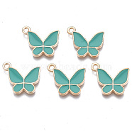 Alloy Enamel Pendants, Cadmium Free & Lead Free, Butterfly, Light Gold, Turquoise, 15x17x2mm, Hole: 1.6mm(X1-ENAM-T016-23C-RS)