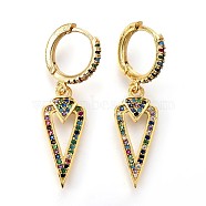 Brass Dangle Hoop Earrings, with Micro Pave Cubic Zirconia, Triangle, Colorful, Golden, 37mm, Pin: 0.8mm(EJEW-F190-07G)