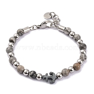 Natural Map Stone & Synthetic Magnetic Hematite Anchor Beaded Bracelet, 8-1/2 inch(21.5cm)(BJEW-P339-01P-02)