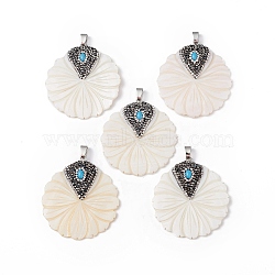 Natural Freshwater Shell Pendants, Flower Charms, with Platinum Plated Alloy Rhinestone Findings, Seashell Color, 48~50x45x4.5~6.5mm, Hole: 4x7mm(BSHE-G033-06)