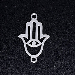 201 Stainless Steel Links connectors, Hamsa Hand/Hand of Fatima/Hand of Miriam with Eye, Stainless Steel Color, 19.5x12.5x1mm, Hole: 1.4mm(STAS-S105-JN400-1)