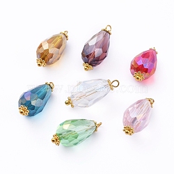 Electroplate Faceted Glass Pendants, with Alloy Flower Daisy Spacer Beads and Brass Findings, Teardrop, Golden, Mixed Color, 20~21x9.5mm, Hole: 1.5mm(PALLOY-JF00453-M)