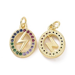 Brass Micro Pave Colorful Cubic Zirconia Pendants, with Jump Ring, Oval with Lightning Charms, Real 18K Gold Plated, 16.5x12x3mm, Hole: 3.2mm(KK-E068-VF154)