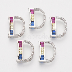 Brass Cubic Zirconia Slide Charms, Real Platinum Plated, Colorful, Letter, Letter.D, 18x14x4.5mm, Hole: 1.5x4mm and 1.5x7mm(ZIRC-S063-01D-P)
