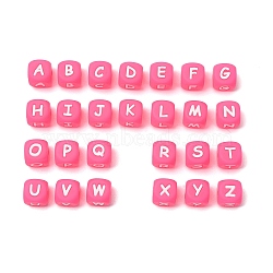 Silicone Beads, Cube with Letter, Hot Pink, 12.5x12.5x12.5mm, Hole: 2mm(SL-CBA474E-01)