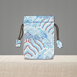 Chinese Style Brocade Drawstring Gift Blessing Bags, Landscape Print Jewelry Storage Pouches for Wedding Party Candy Packaging, Rectangle, Azure, 15x10cm(PW-WG24924-07)