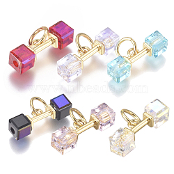 Brass Charms, with Cubic Zirconia and Jump Rings, Dumbbell, Mixed Color, 4x14x4mm, Hole: 3.5mm(KK-L189-24G)