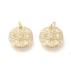 Brass Micro Pave Clear Cubic Zirconia Charms, with Jump Rings, Long-Lasting Plated, Flat Round with Eye, Real 18K Gold Plated, 15x2.4mm, Jump Ring: 5x1mm, 3mm Inner Diameter(ZIRC-L098-022G)