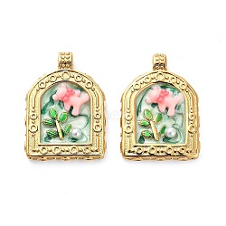 304 Stainless Steel Enamel  Pendants, with Resin and ABS Imitation Pearl, Arch with Bear Charms, Ion Plating(IP), Real 18K Gold Plated, Light Green, 30x22x6mm, Hole: 3mm(STAS-B084-08G-03)