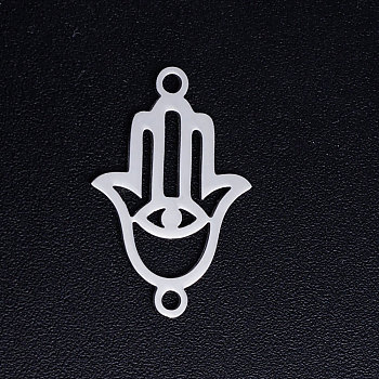 201 Stainless Steel Links connectors, Hamsa Hand/Hand of Fatima/Hand of Miriam with Eye, Stainless Steel Color, 19.5x12.5x1mm, Hole: 1.4mm