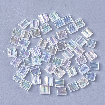 2-Hole Transparent Glass Seed Beads, AB Colours, Rectangle, Clear AB, 5x4.5~5.5x2~2.5mm, Hole: 0.5~0.8mm